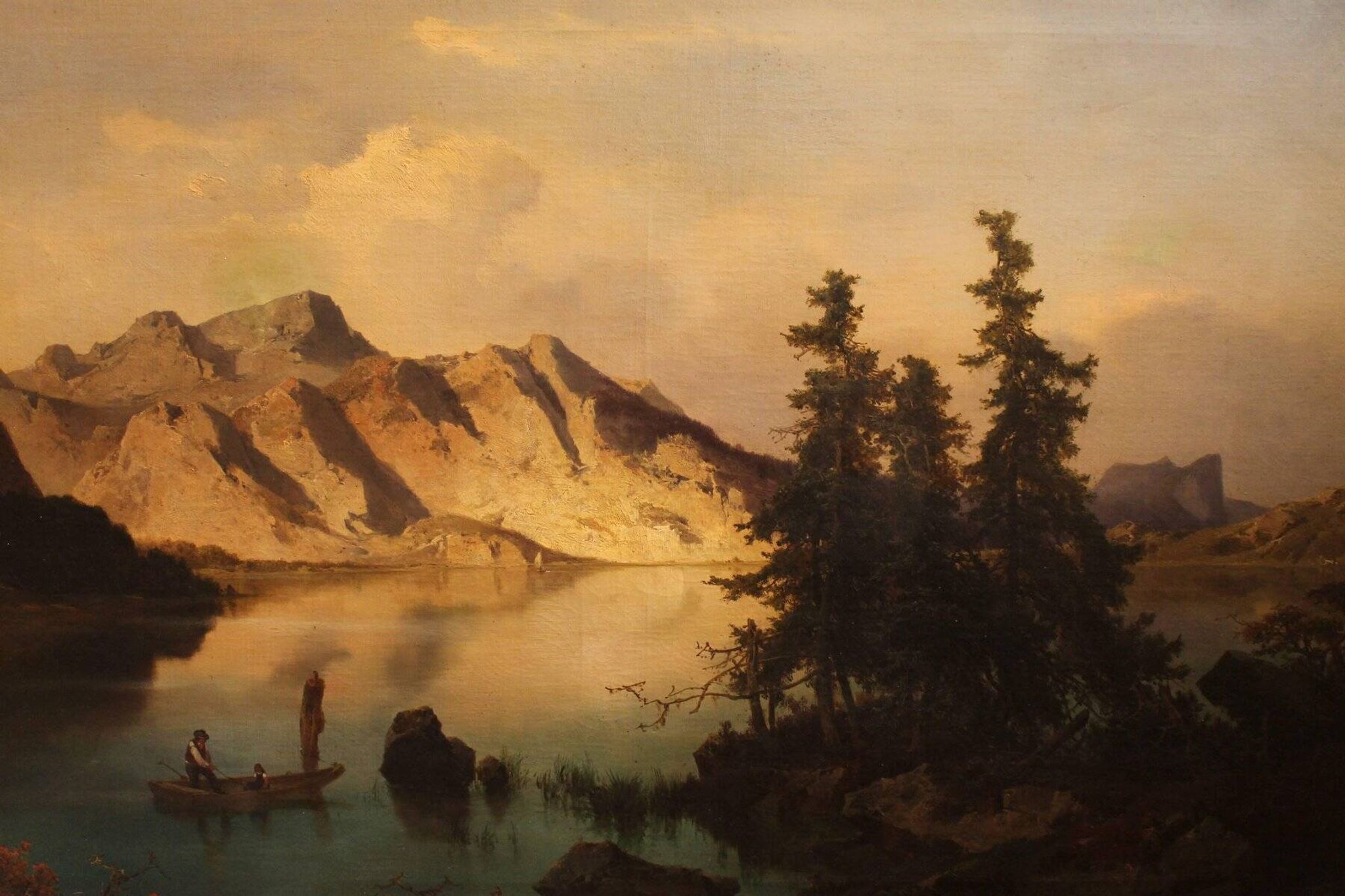 Joseph Brunner, Austrian Landscape with Lake and Mountain Painting, 1869, Oil on Canvas, Framed
