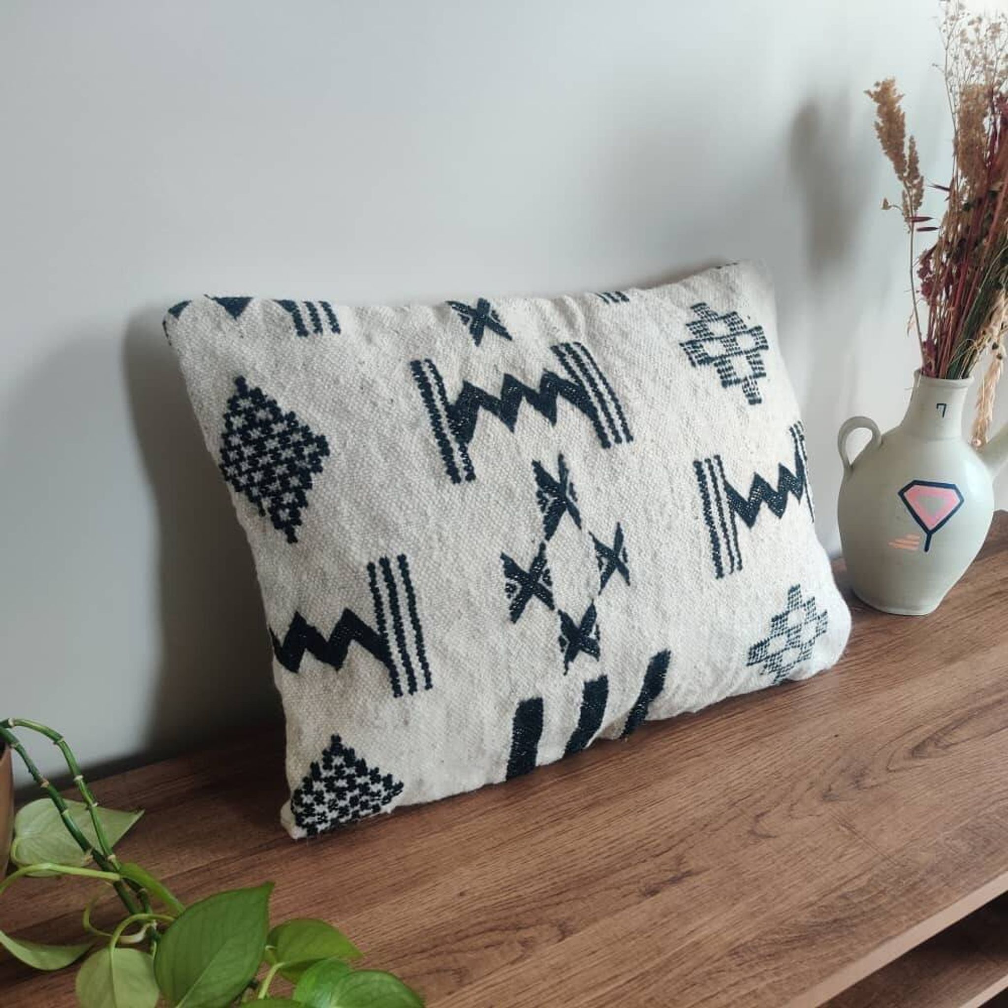 Moroccan kilim cushion in black and white.