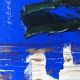 Mid-century modern "abstract in blue" swedish vintage abstract mixed media painting, framed