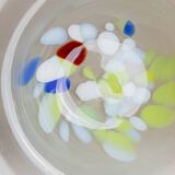 XL Vintage Murano Glass Bowl with Blue Rim and Multicolor Dots – Mouth-Blown Italian Glass, 1980s Pop Art