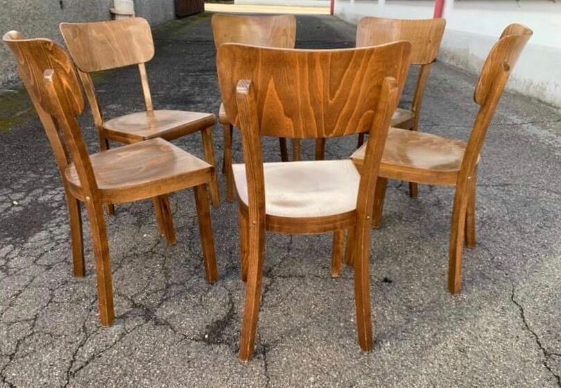 6 old lounge chairs bistro curved wood