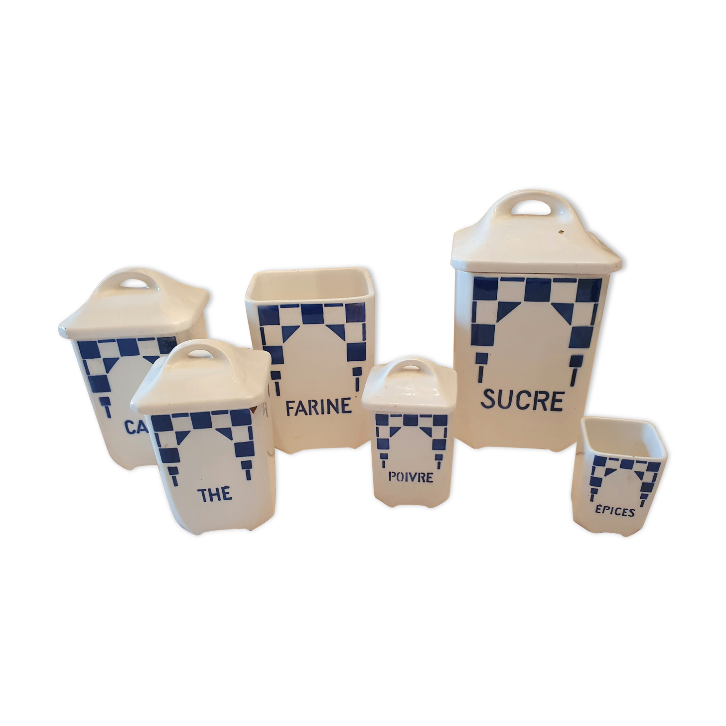 6 blue checkered jars