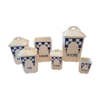 6 blue checkered jars