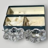 Pair of crystal salt shakers and glass spoons signed Daum Cristal