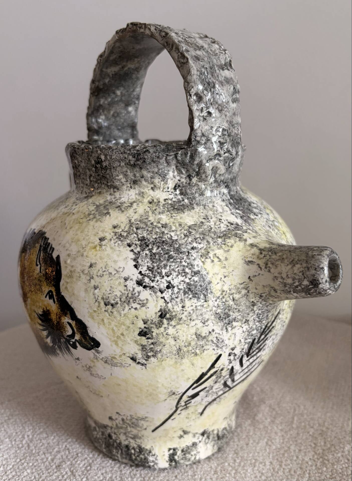 Vintage French Studio Ceramic Pitcher by Ghila – Lascaux Cave Art Styl
