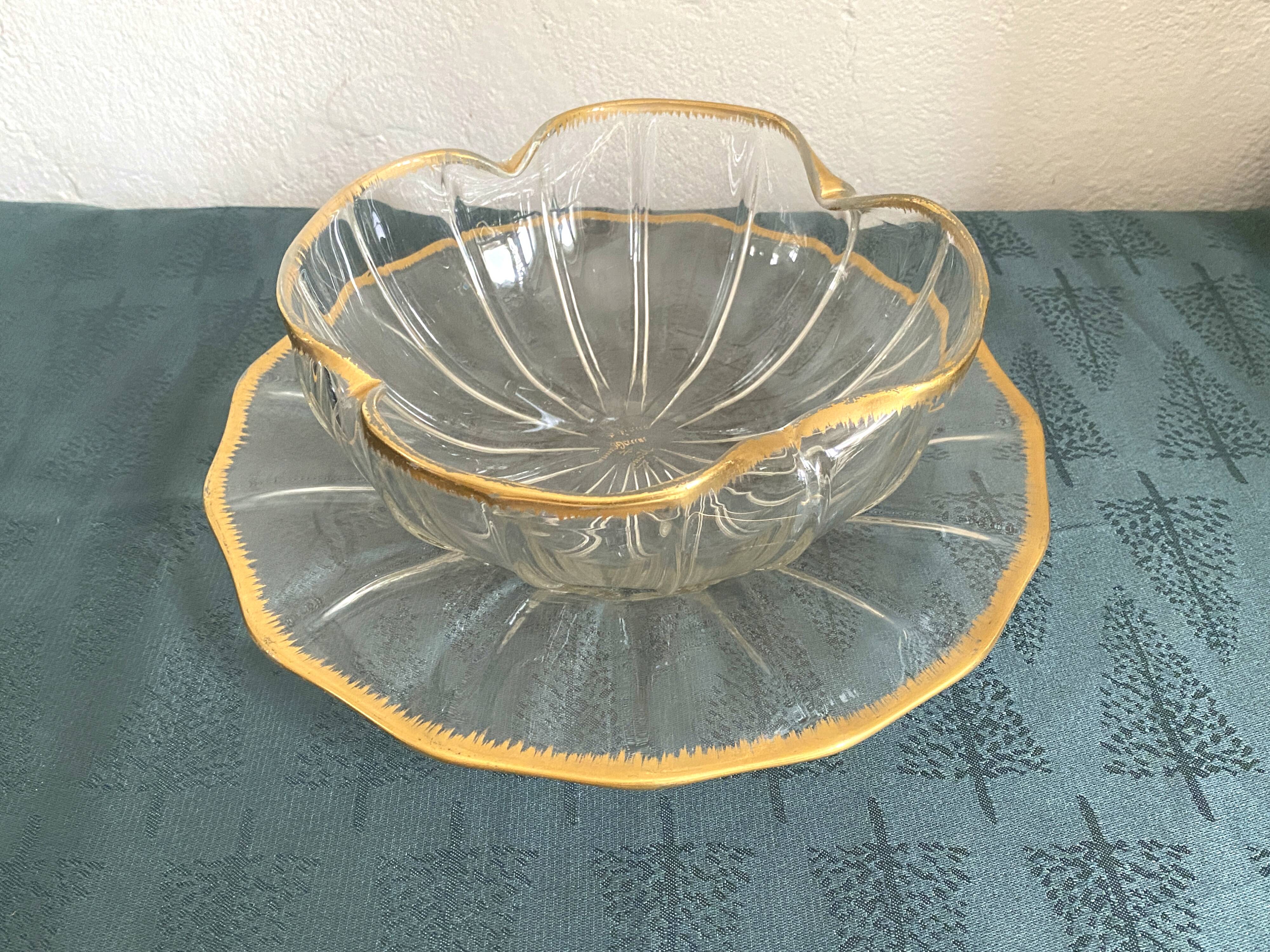 Daum Nancy Crystal cup and tray service, Ducal model, gold combed