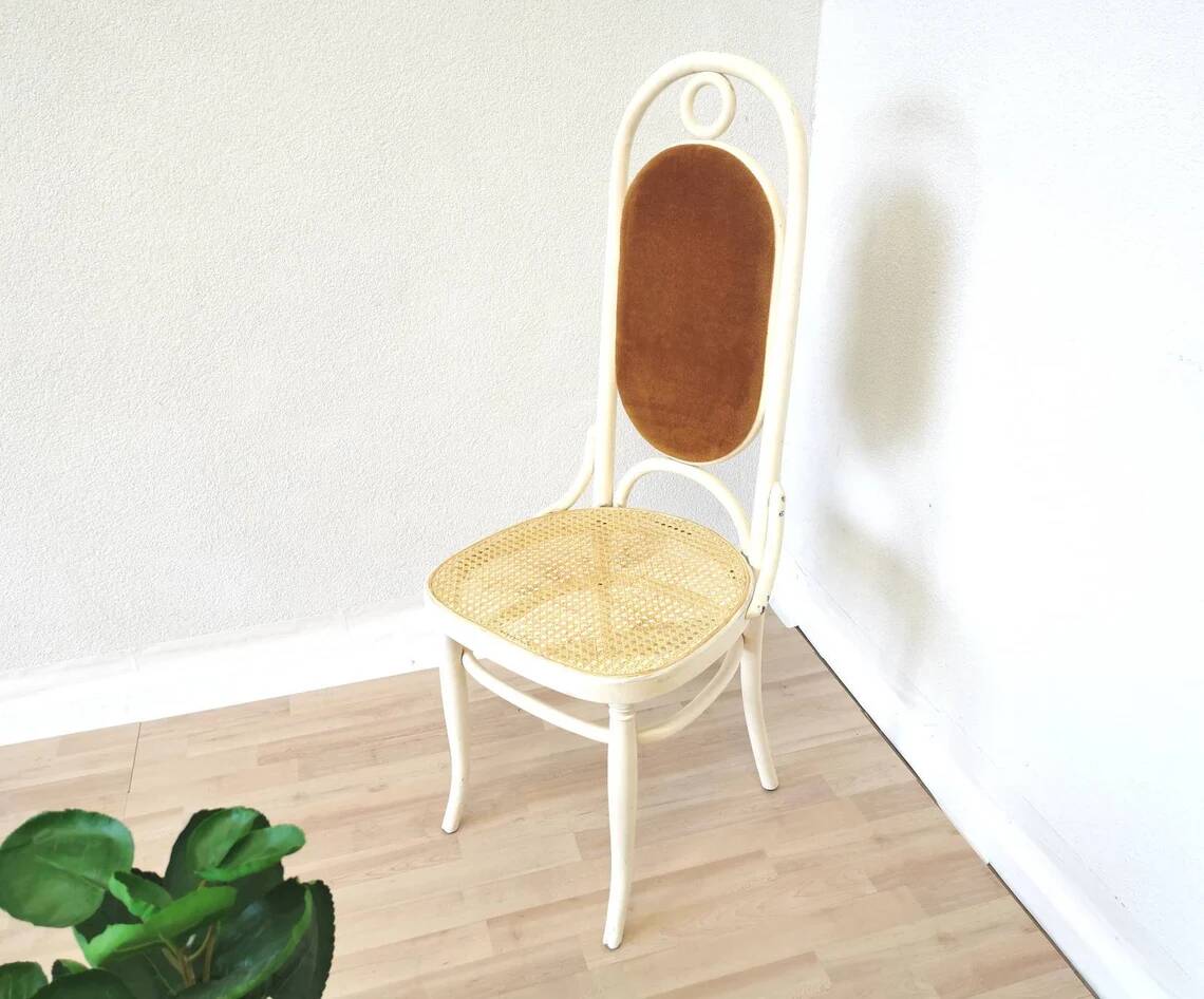 Vintage Thonet Bentwood Dining Chair: Cane Seat, Yellow Fabric Back