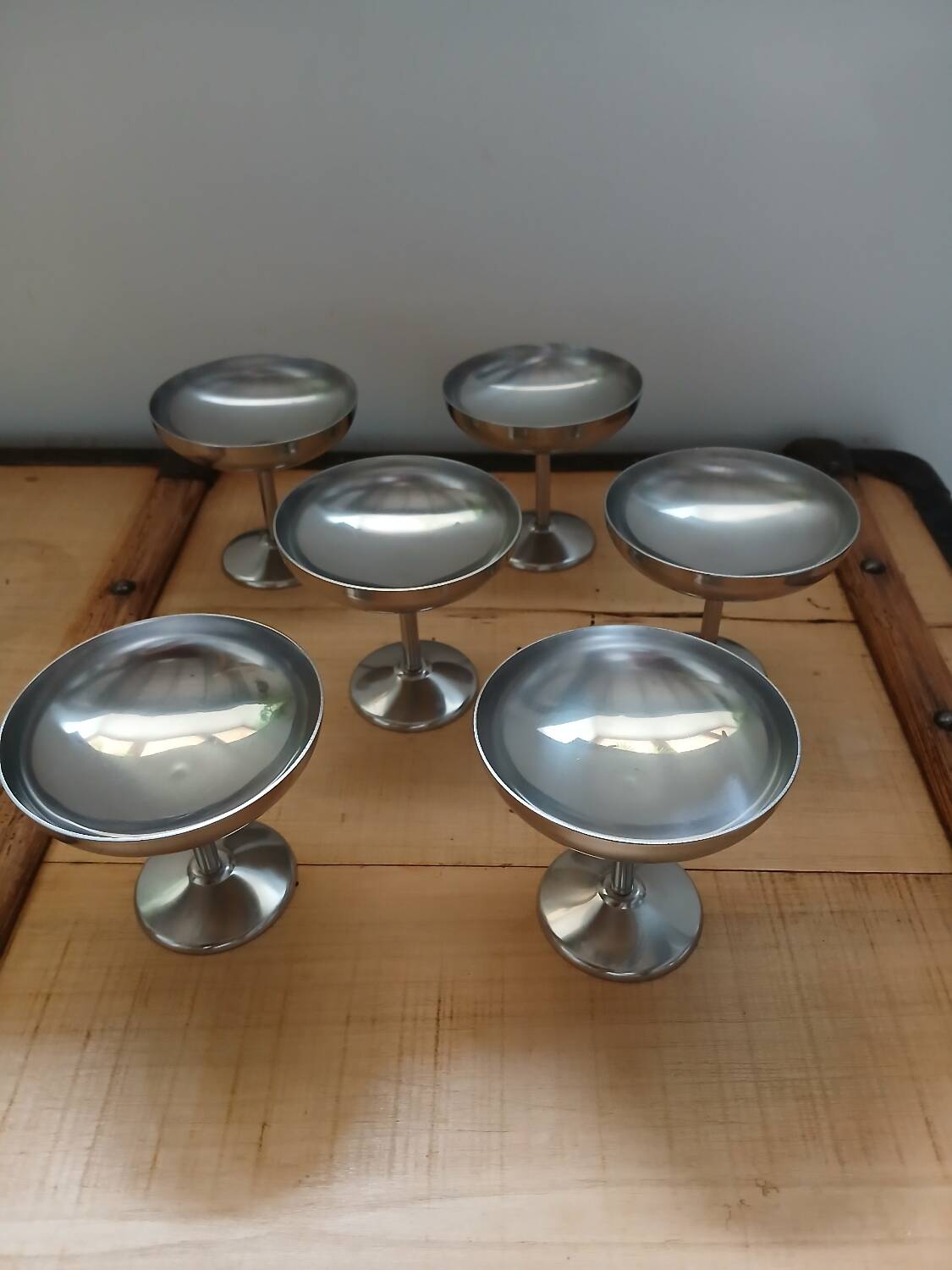 6 antique solid stainless steel ice cream cups