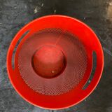 Vintage red umbrella holder in 80s perforated sheet metal or Italy trash can