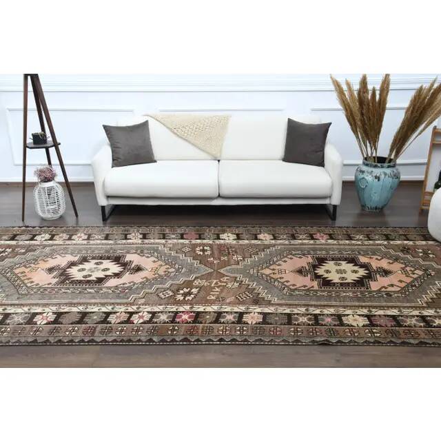 1970s Vintage Turkish Oushak Handmade Wool Cotton Brown Area Rug 85x317