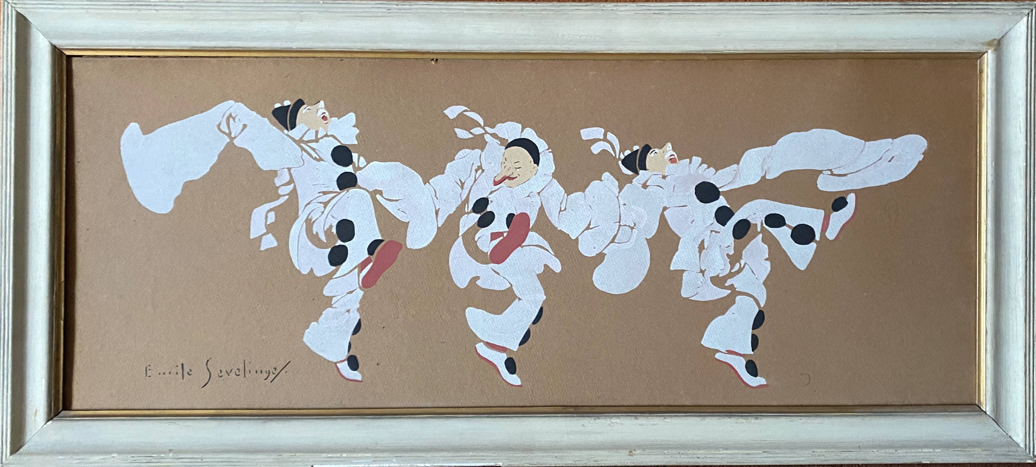 Stencil tableau "dancing harlequins" by Emile Sevelinge (19th-20th century)