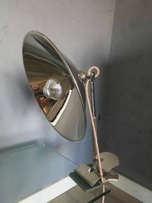 Glory industrial clamp lamp, chrome reflector shade, Germany, 1950s