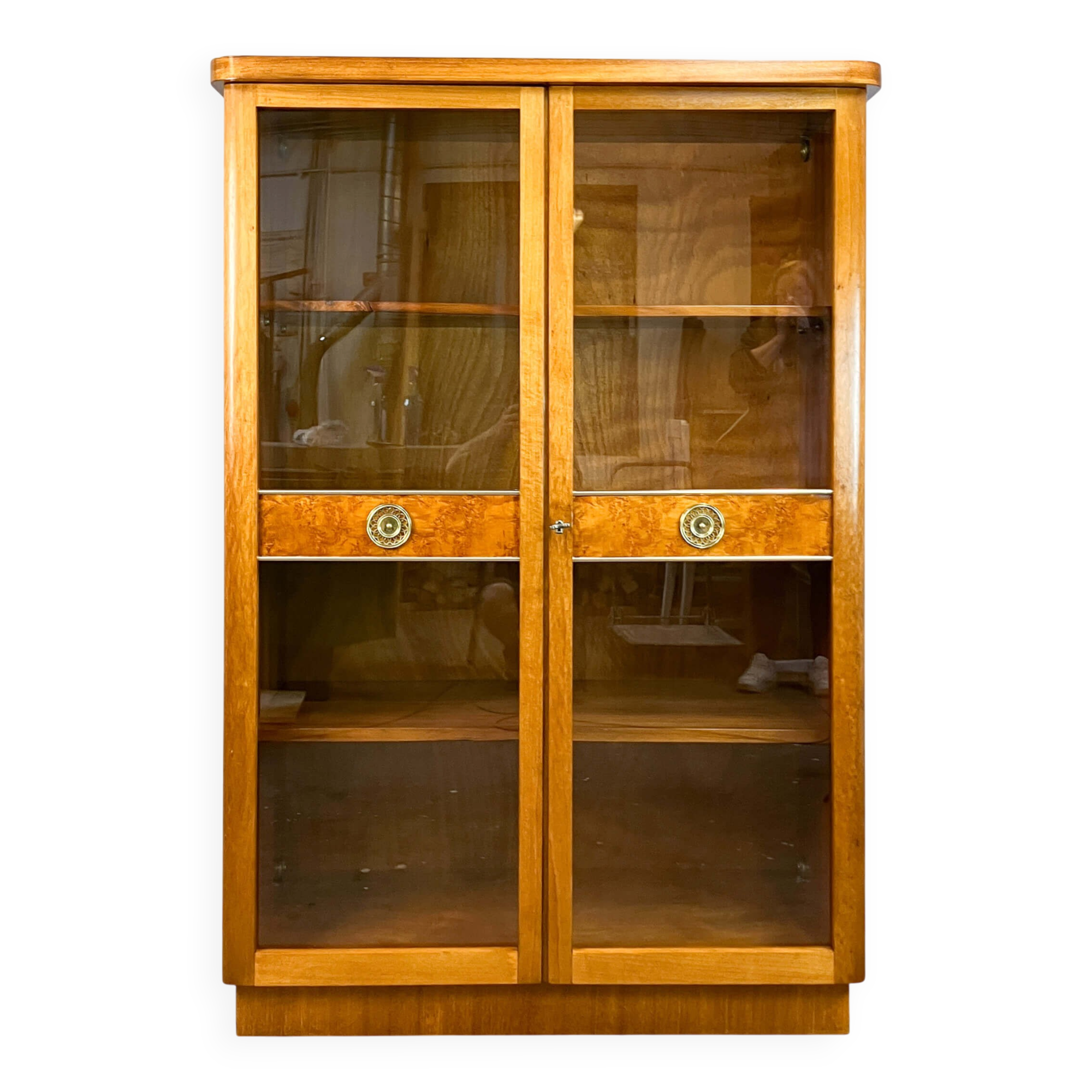 Art Deco cabinet with glass doors, various woods, 1930s