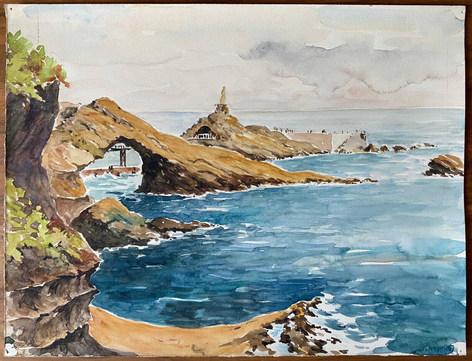 Watercolor Painting Seaside "Rock of the Virgin" Basque Country circa 1950
