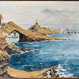 Watercolor Painting Seaside "Rock of the Virgin" Basque Country circa 1950