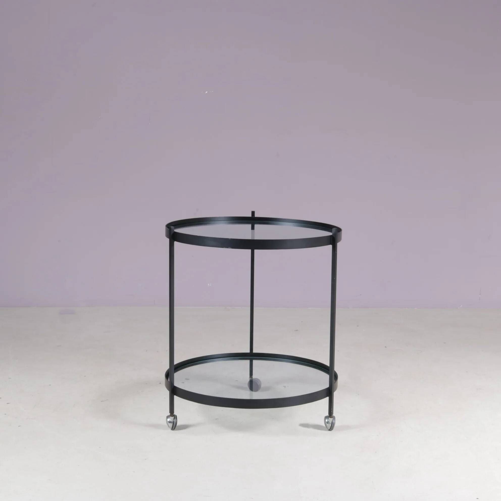 1960s round trolley black metal with two glass tops Janni van Pelt Netherlands