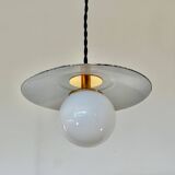 Industrial pendant light made of speckled enameled sheet metal and opaline