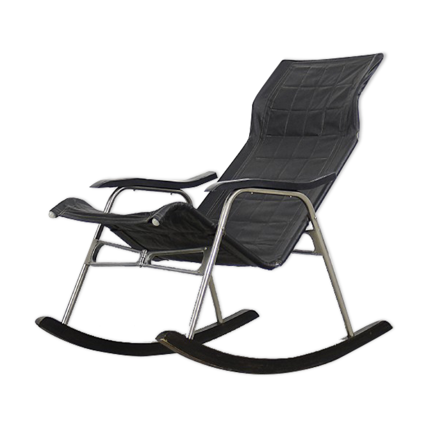 Vintage Mid-Century Postmodern Minimalist Black Leather Rocking Chair by Takeshi Nii, 1950s