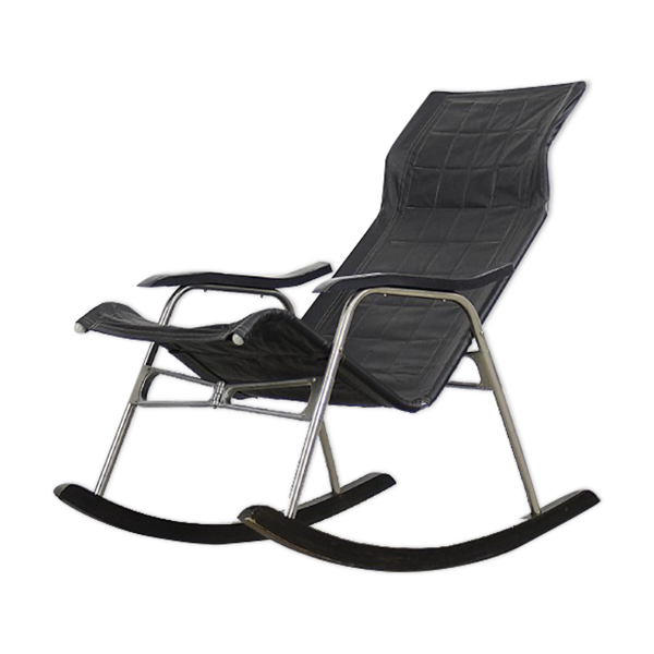 Fauteuil à bascule minimaliste postmoderne vintage en cuir noir du milieu du siècle par Takeshi Nii, années 1950