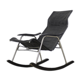 Vintage Mid-Century Postmodern Minimalist Black Leather Rocking Chair by Takeshi Nii, 1950s