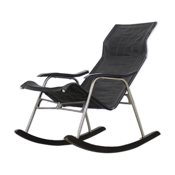 Vintage Mid-Century Postmodern Minimalist Black Leather Rocking Chair by Takeshi Nii, 1950s