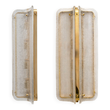 Pair of Big Curved Clear Ribbed Murano Glass and Brass Wall Sconces