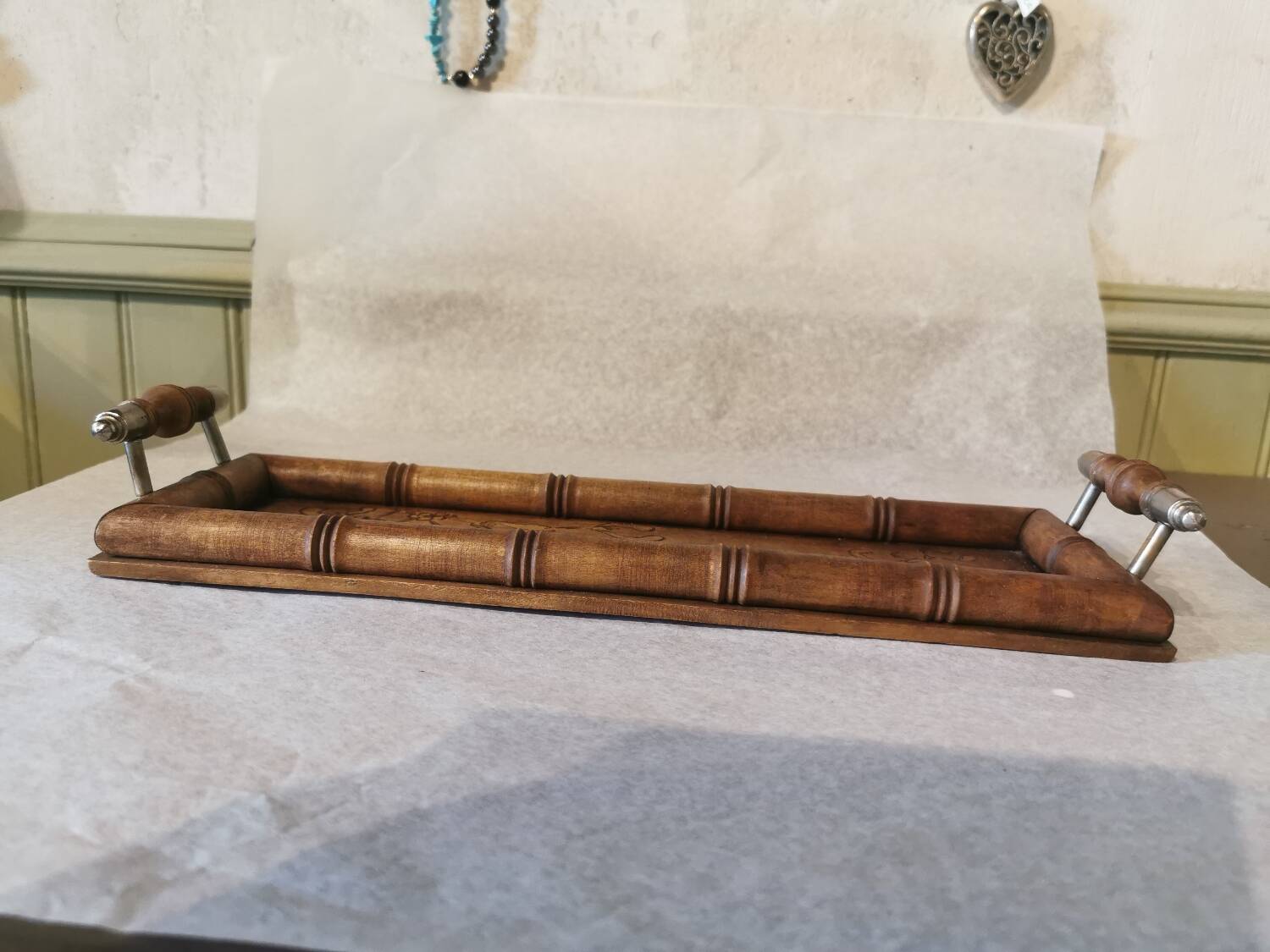 Art Nouveau wood and metal tray