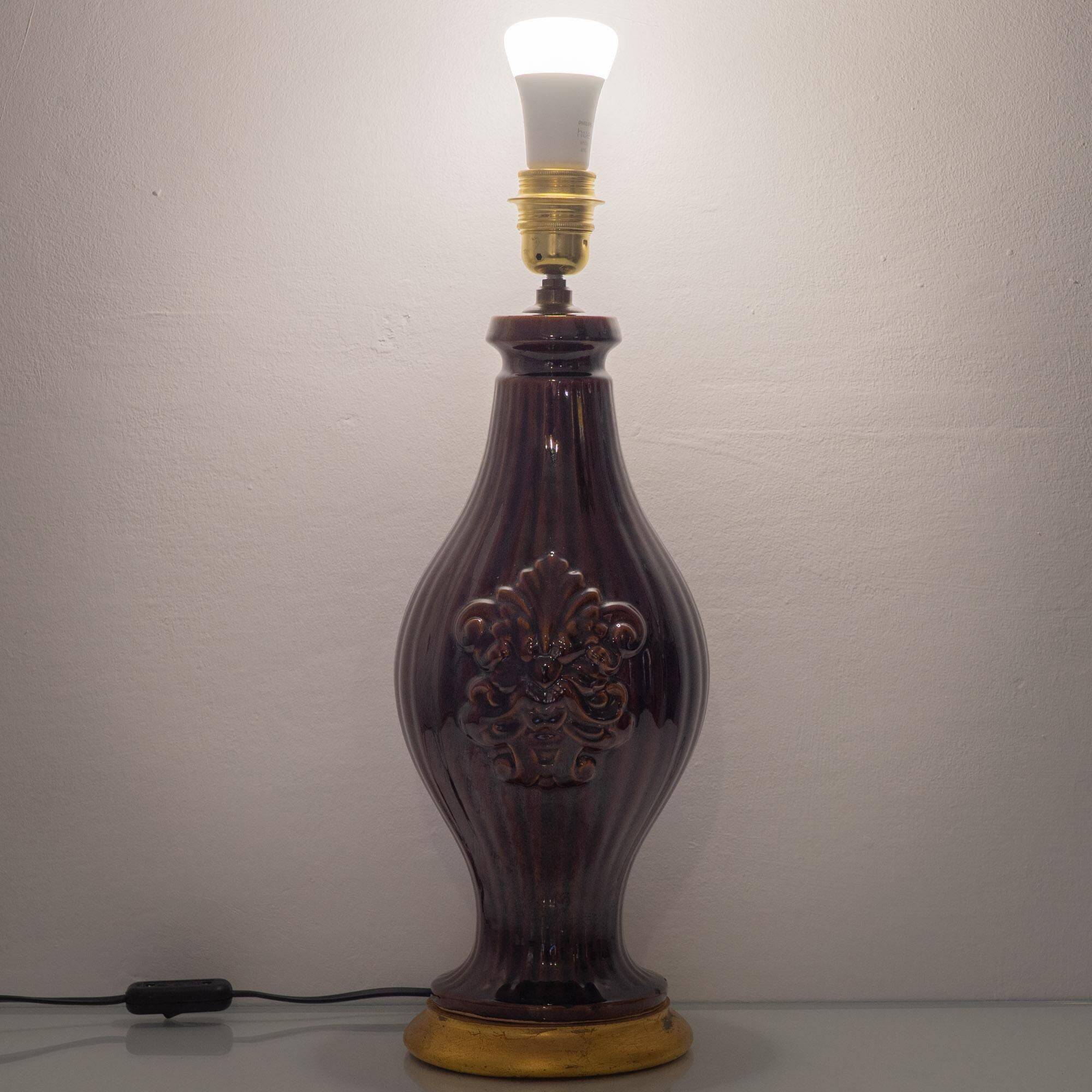 Chocolate glazed ceramic table lamp from Manises, Spain, 1960s with a new silk shade.