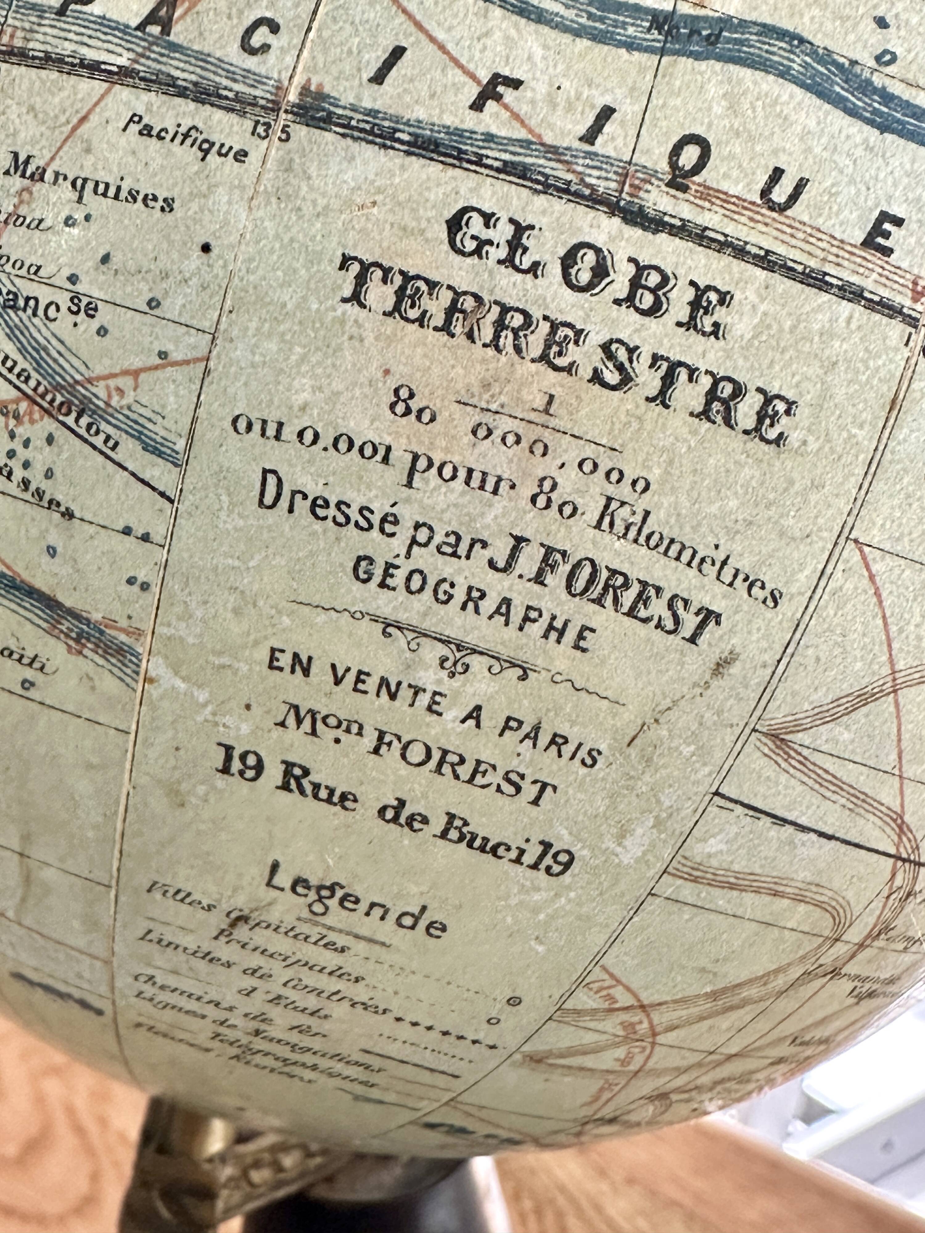 Terrestrial globe j. forest, geographical publisher in paris - early 20th century