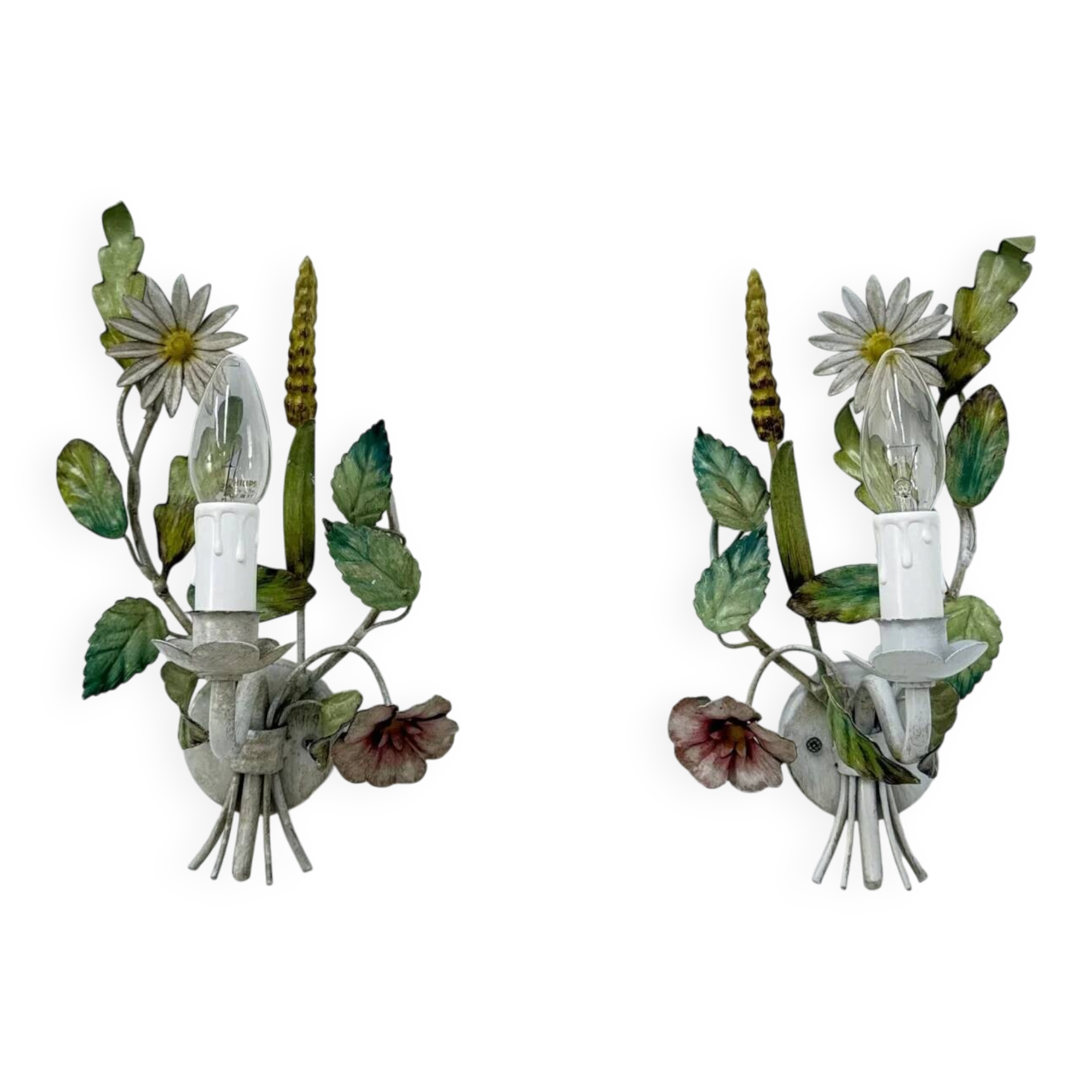 Set of 2 Italian tole painted floral and leaf wall lamp sconces, 1970s