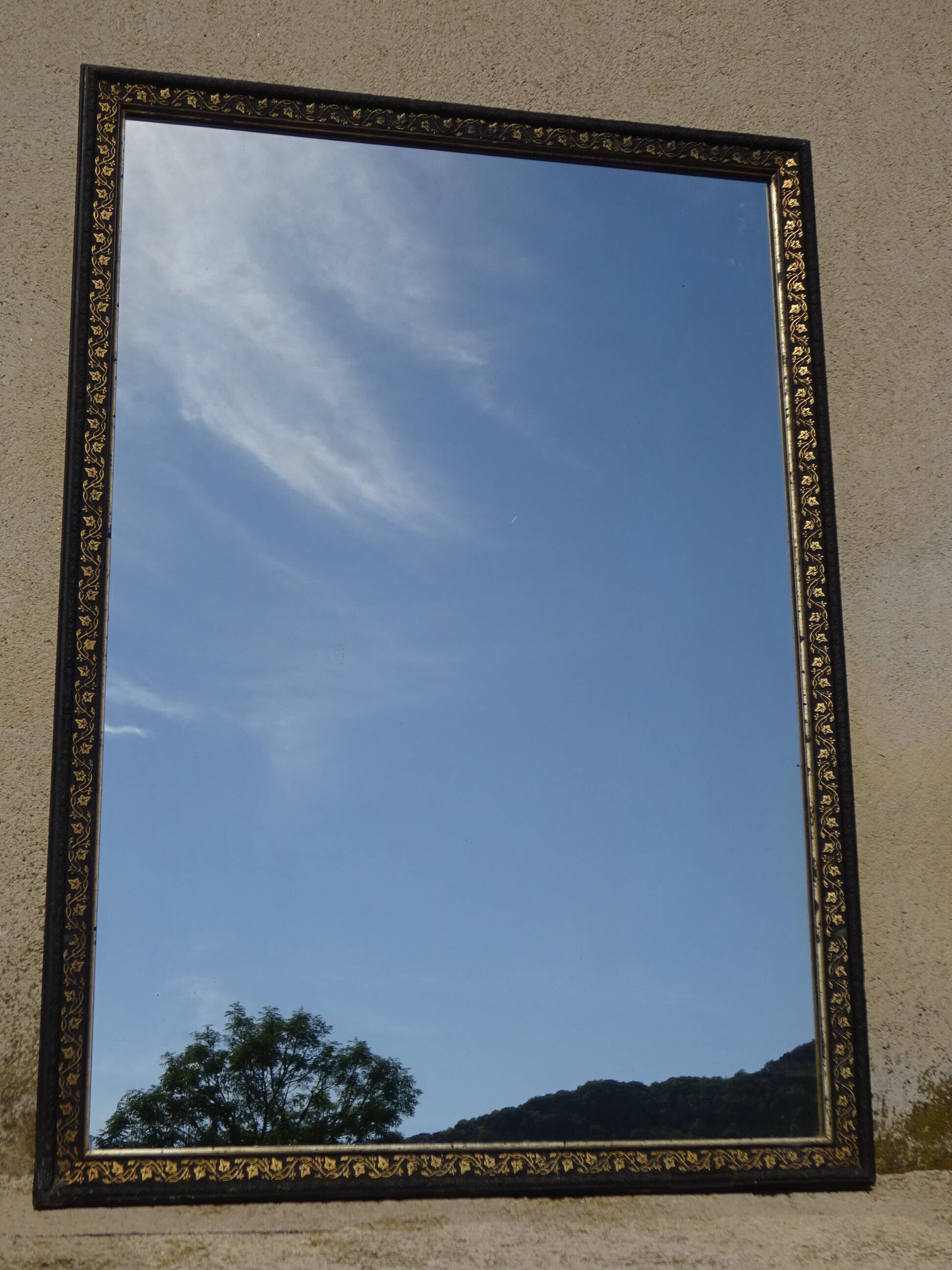 Mirror with black and gold frame, embossed vine leaves