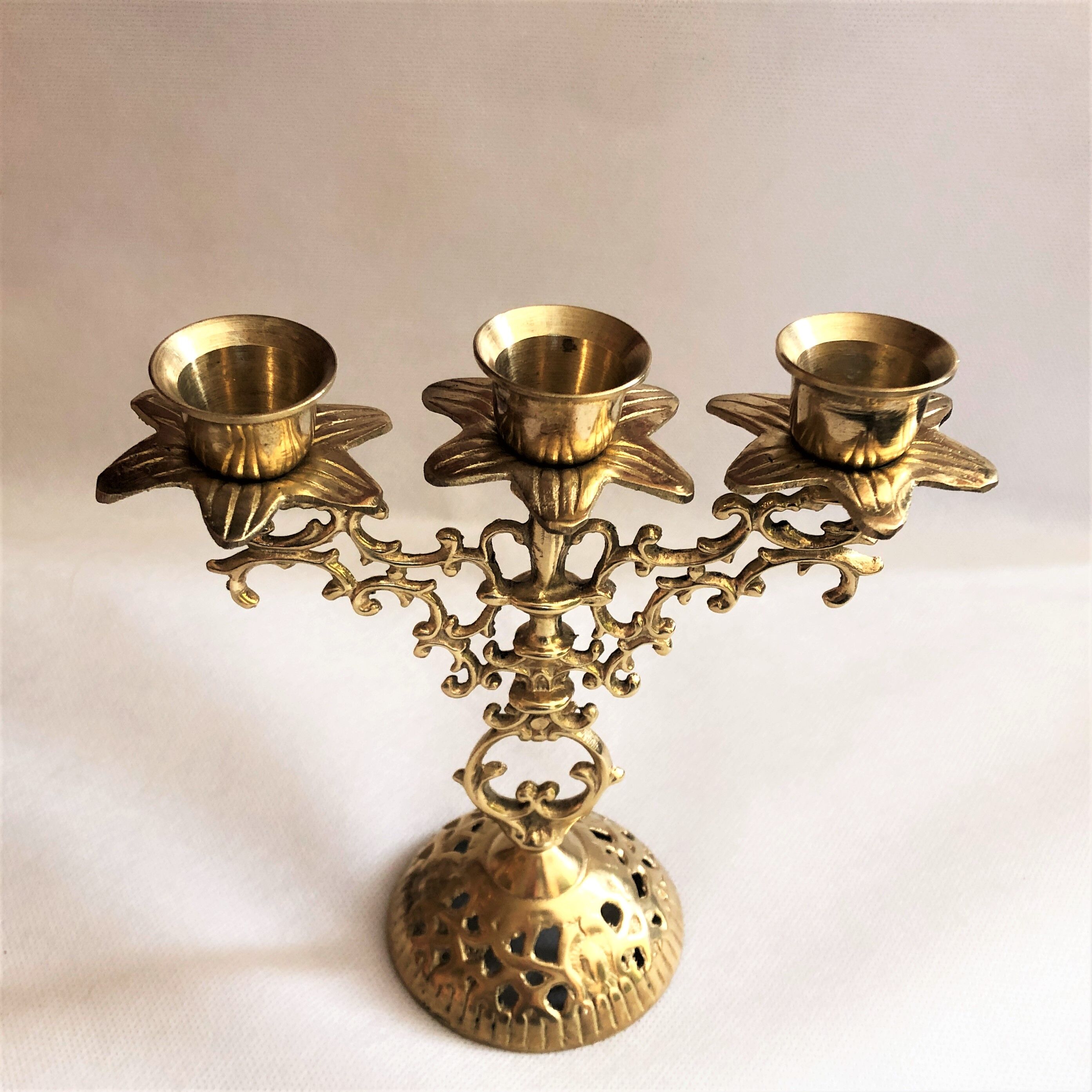 Pair of candlesticks 3 branches golden brass
