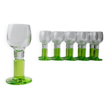 11 Vintage Bormioli Lime-Green Stem Glasses Set in Clear Glass, Italian 1980s Liqueur Shots