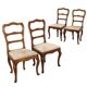 Group of 4 antique Baroque chairs in walnut, Italy, 18th century.