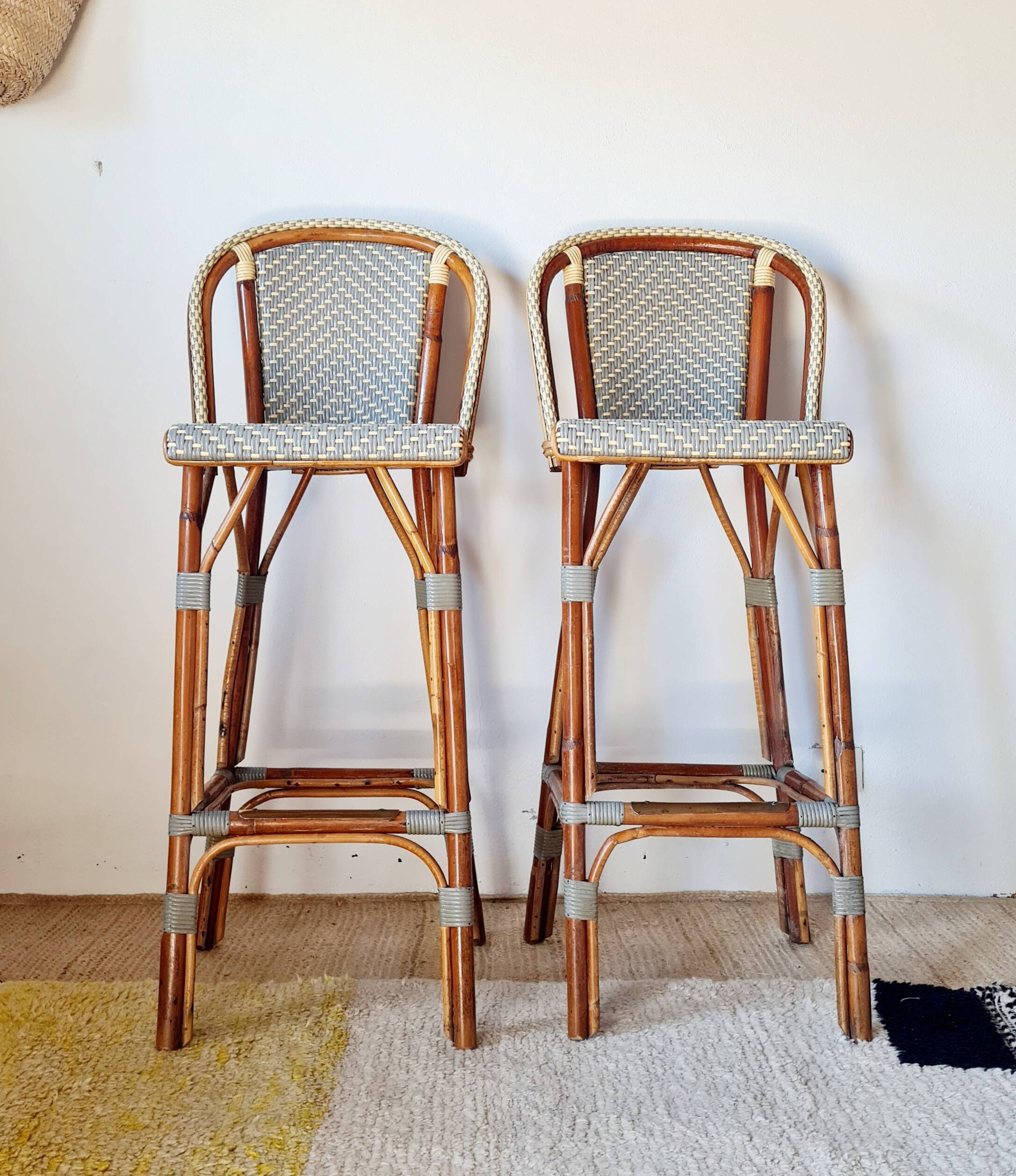 Vintage Gaty bar stools in two-tone rattan and caning.