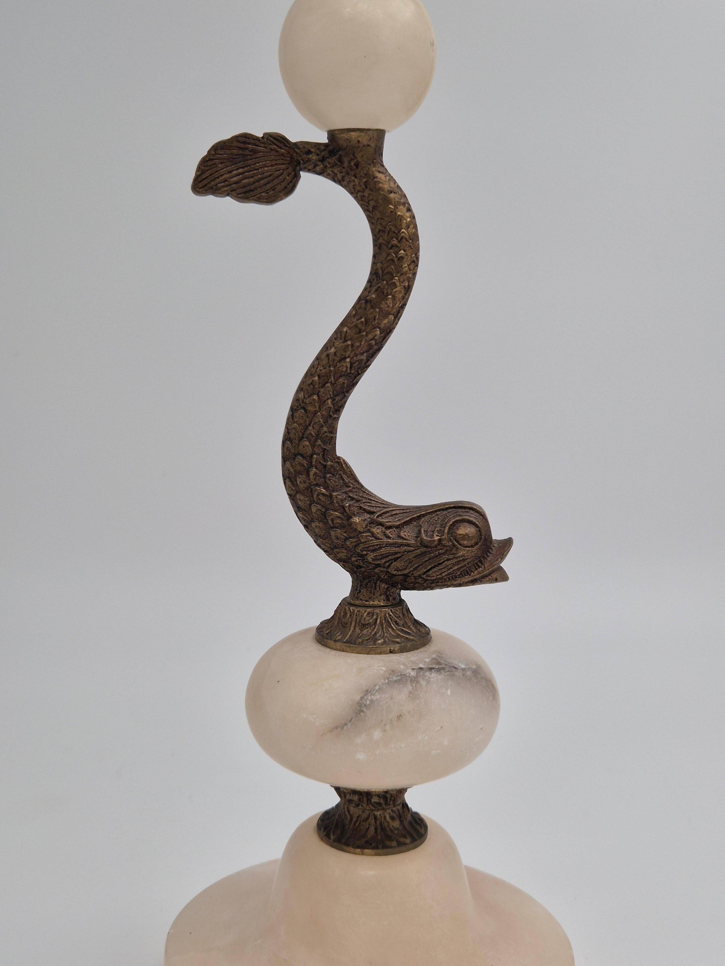 Sculptural table lamp in alabaster with fish/dolphin decoration, Swedish Grace