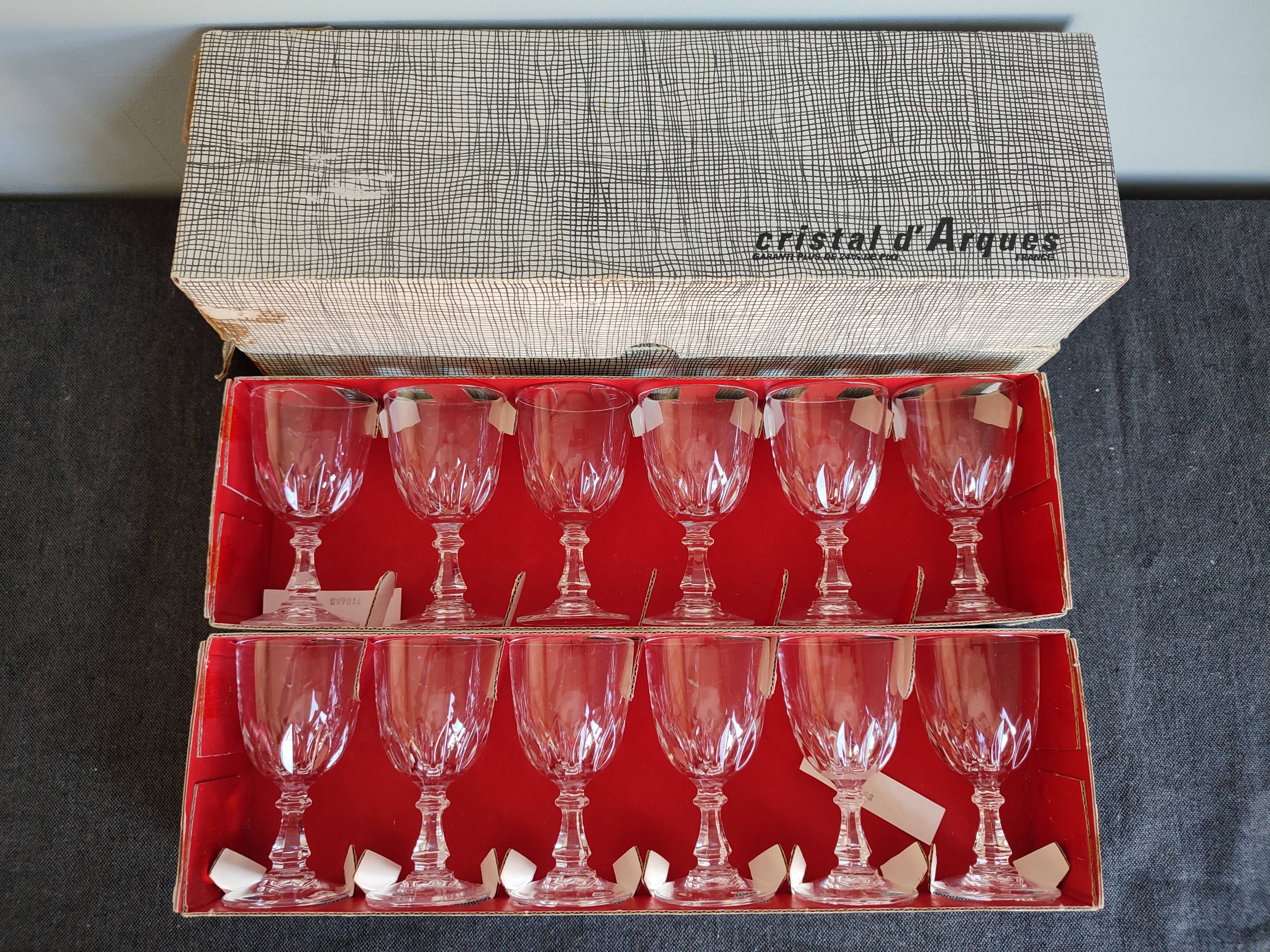 Set of two chest of small glasses with vintage Arques crystal liqueur