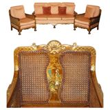 Three-piece bergère set in walnut, Chinoiserie style, from the 1920s, in need of restoration.