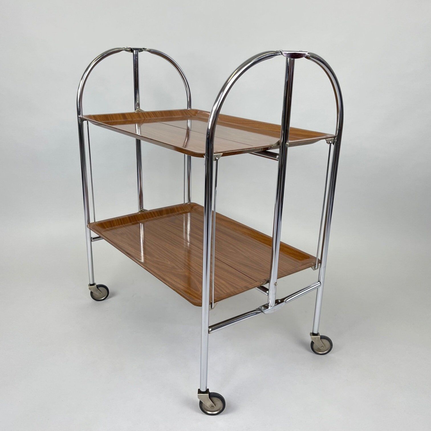 Mid-century Vintage Chrome and Plywood Folding Serving Trolley, 1950's