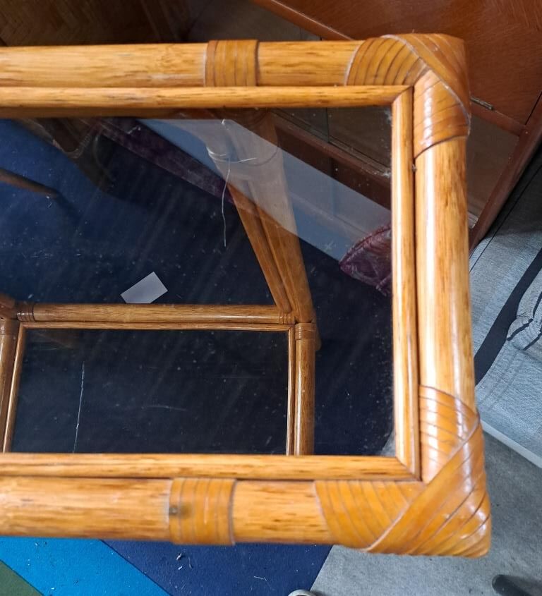 Rattan console and smoked glass Roche Bobois, from the 70s