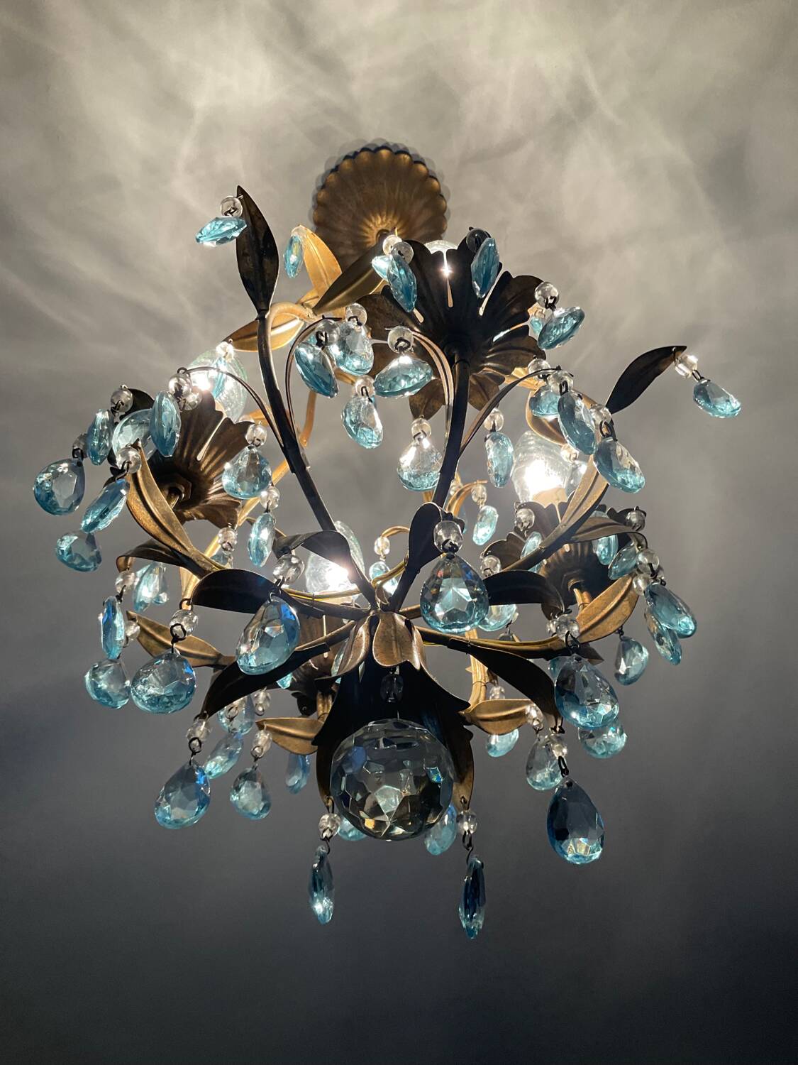 Antique Italian chandelier with cage and blue tassels