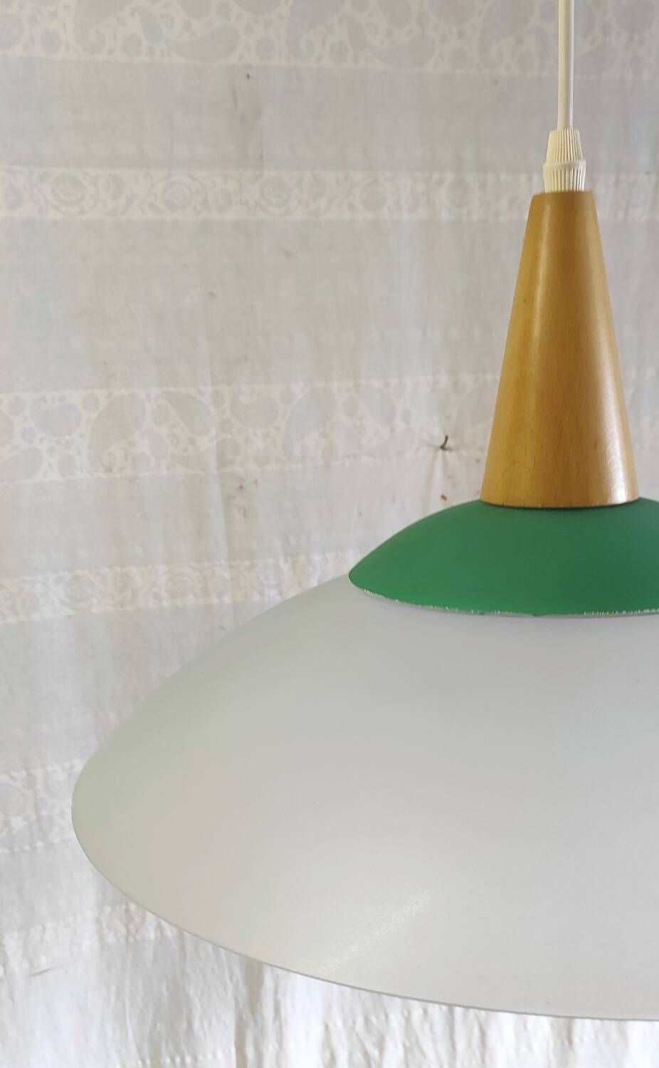 Scandinavian style pendant light in glass and wood - late 20th century