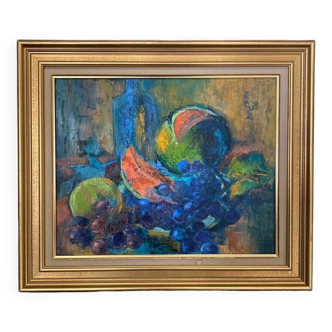 Peinture à l'huile sur toile représentant une nature morte de fruits italienne antique