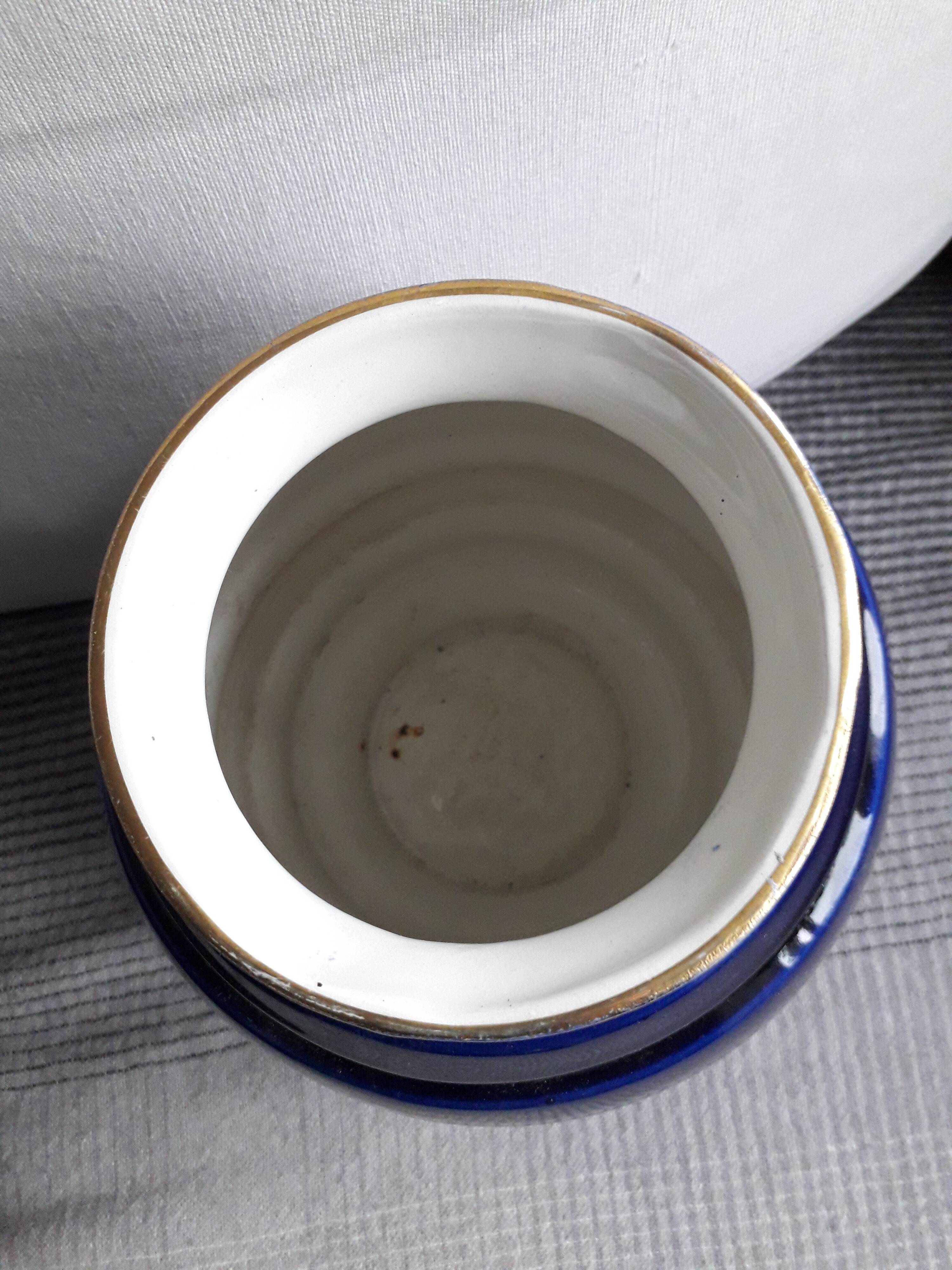 Large vintage blue and gold ceramic vase