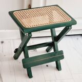 Small folding stool in green wood and cane