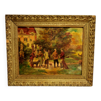 Old frame, chromolithography hunting scene 19th , hunter