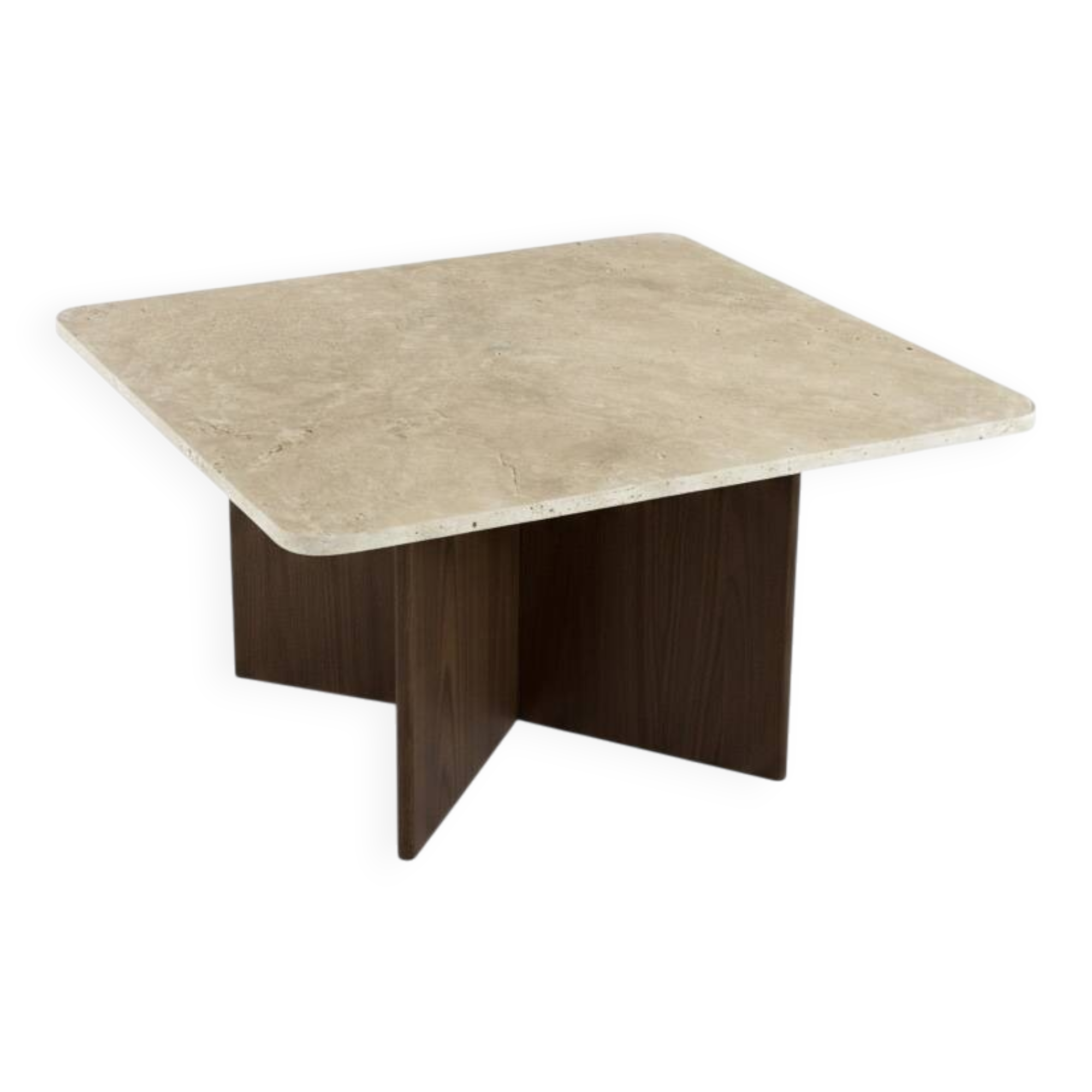 Rectangular coffee table in travertine and dark oak.