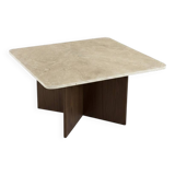Rectangular coffee table in travertine and dark oak.
