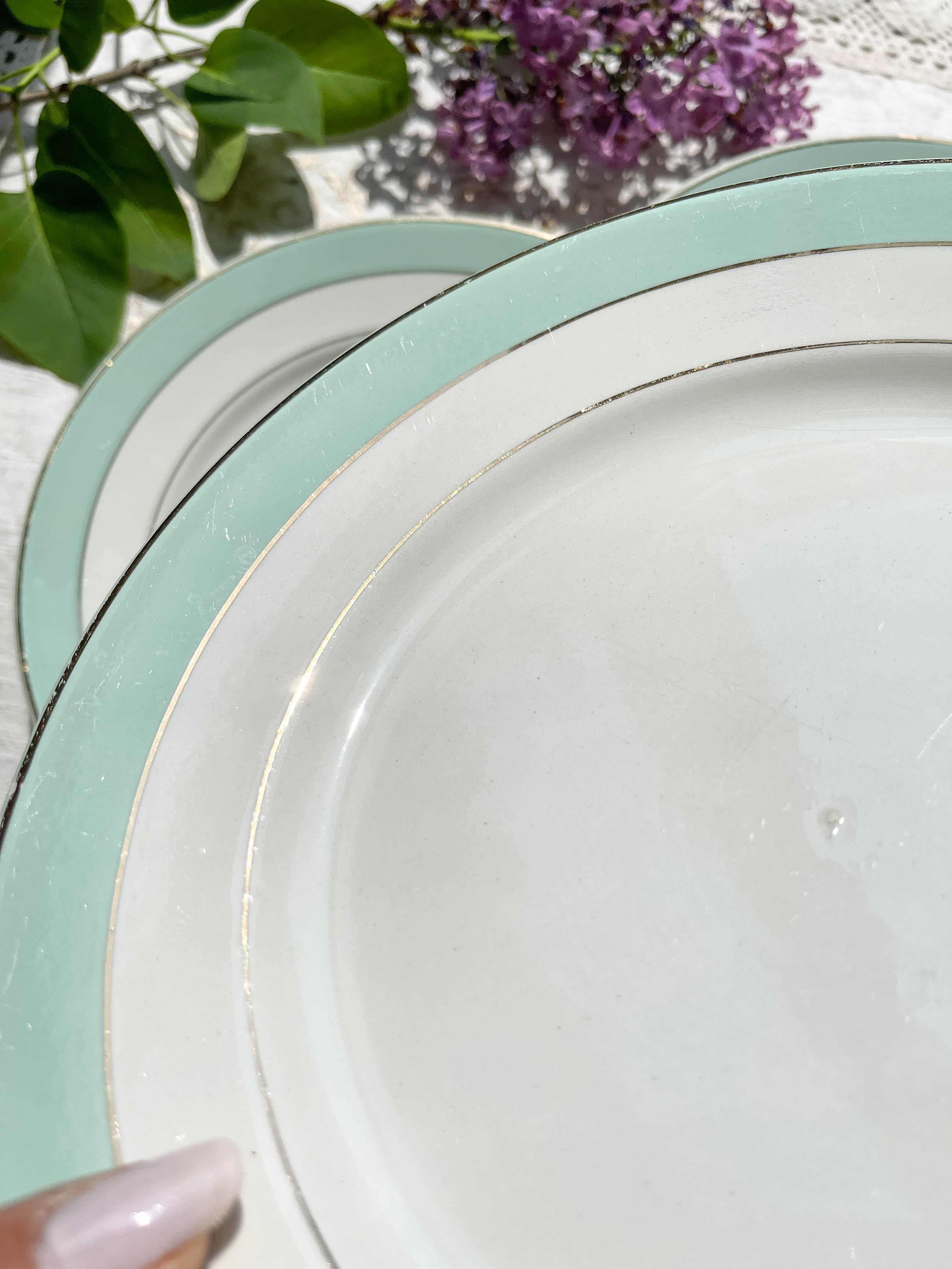6 Badonviller flat plates in white, green and gold earthenware