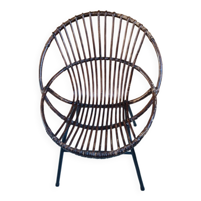 Fauteuil coquille rotin et metal